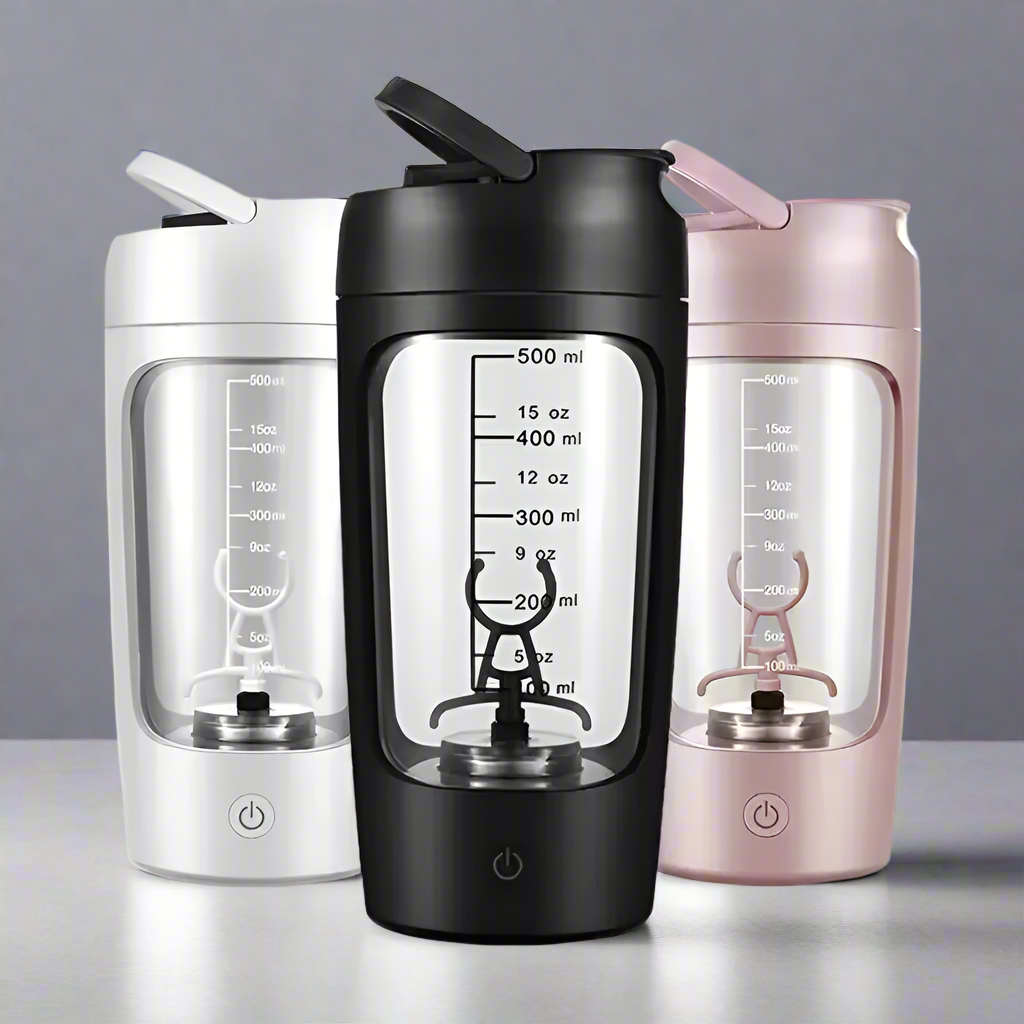 USB Protein Electric Shakers in white, black and pink on a modern worktop